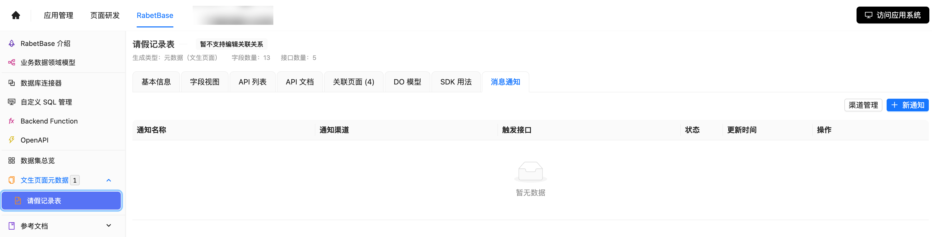 图片展示的是RabbitBase平台中“请假记录表”数据集的消息通知页面。页面上方有平台导航栏，左侧是数据集分类及名称…