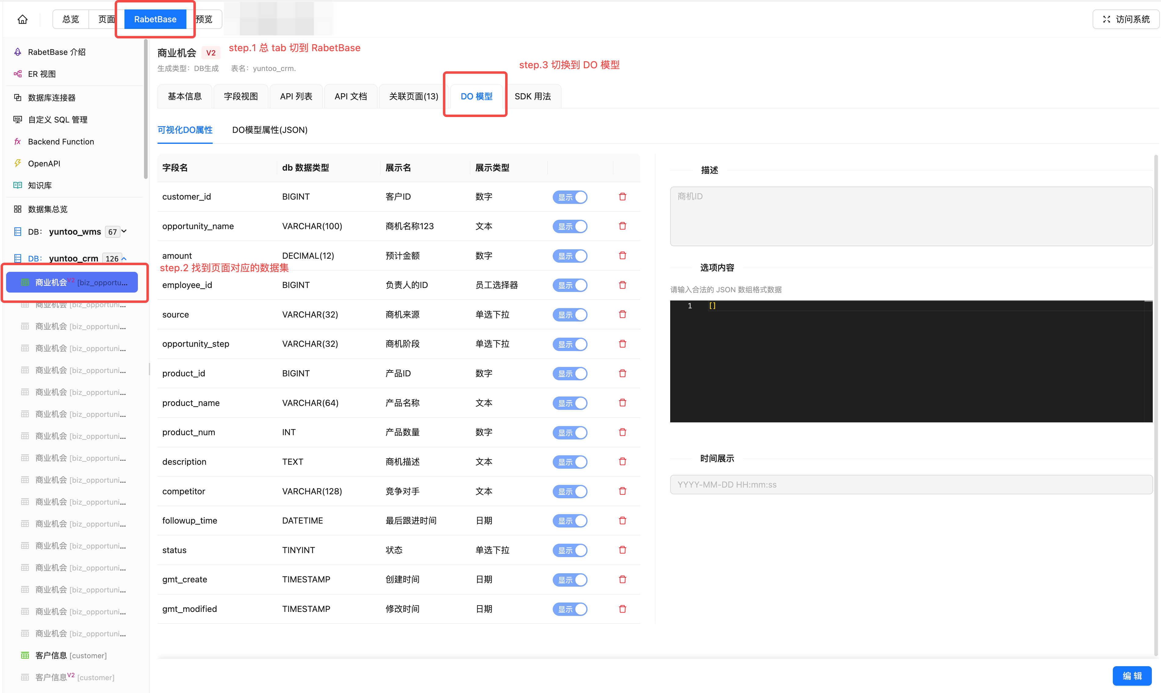 从 RabetBase 中找到数据集，进入 DO 编辑面板