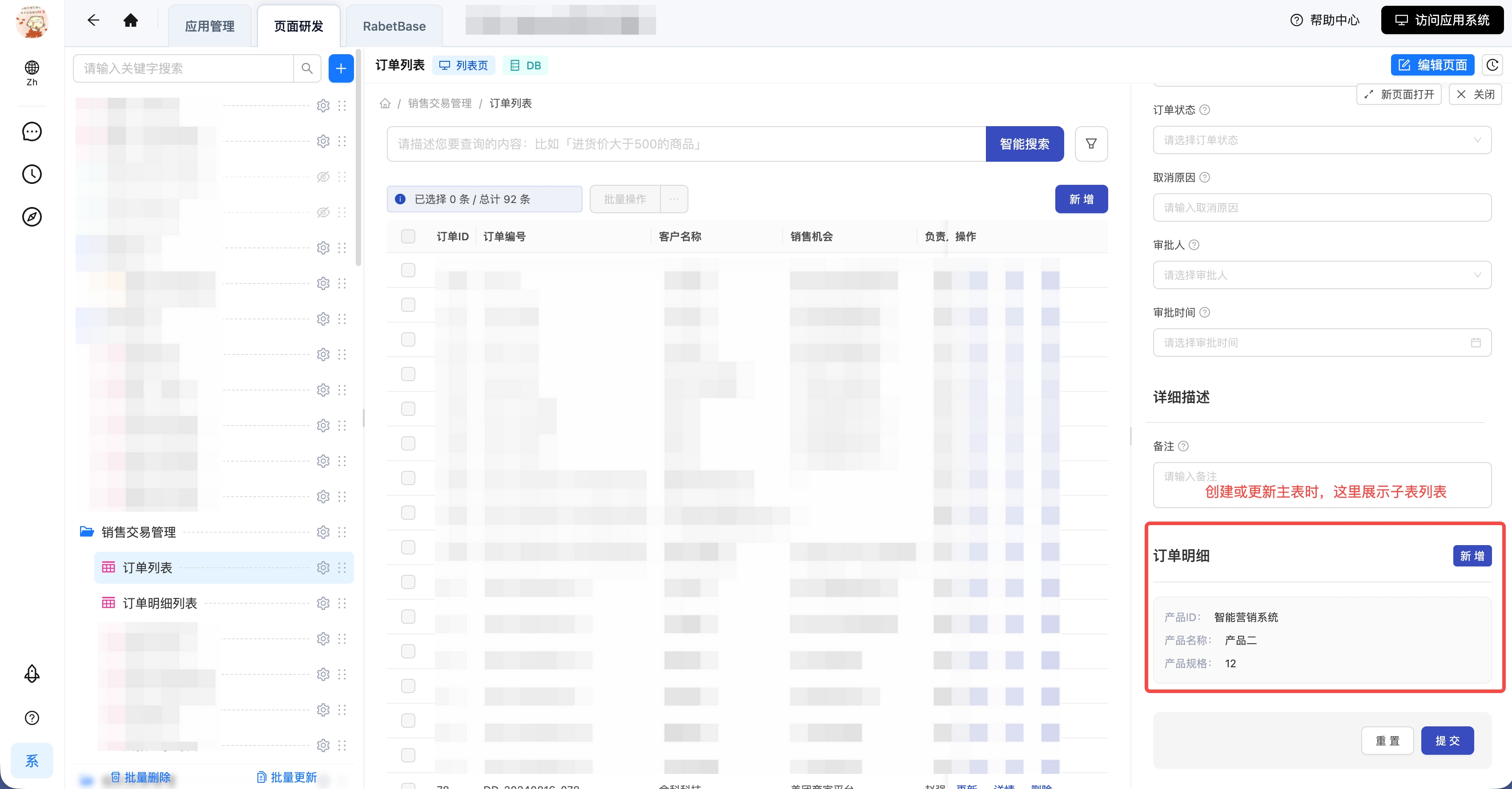 子表明细内容列表