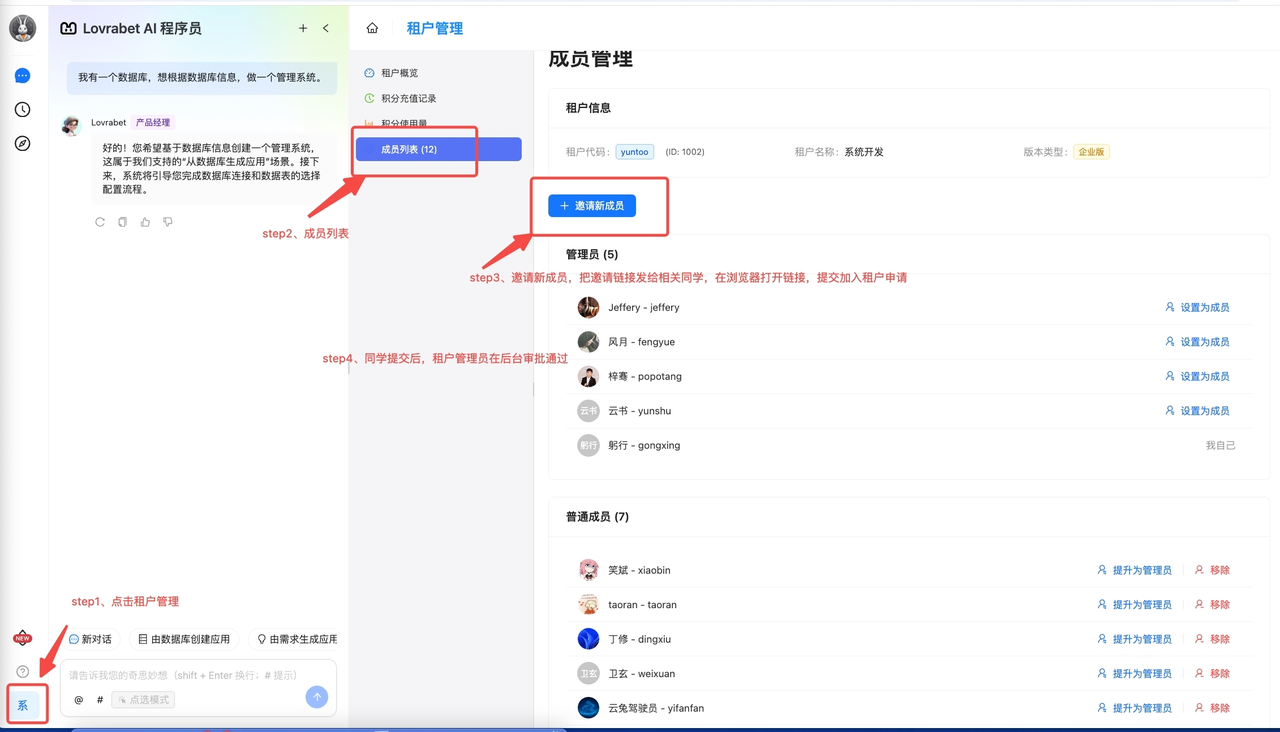 这张图片是Lovrabet平台的企业租户成员管理页面操作指引图,用于指导管理员添加开发者…
