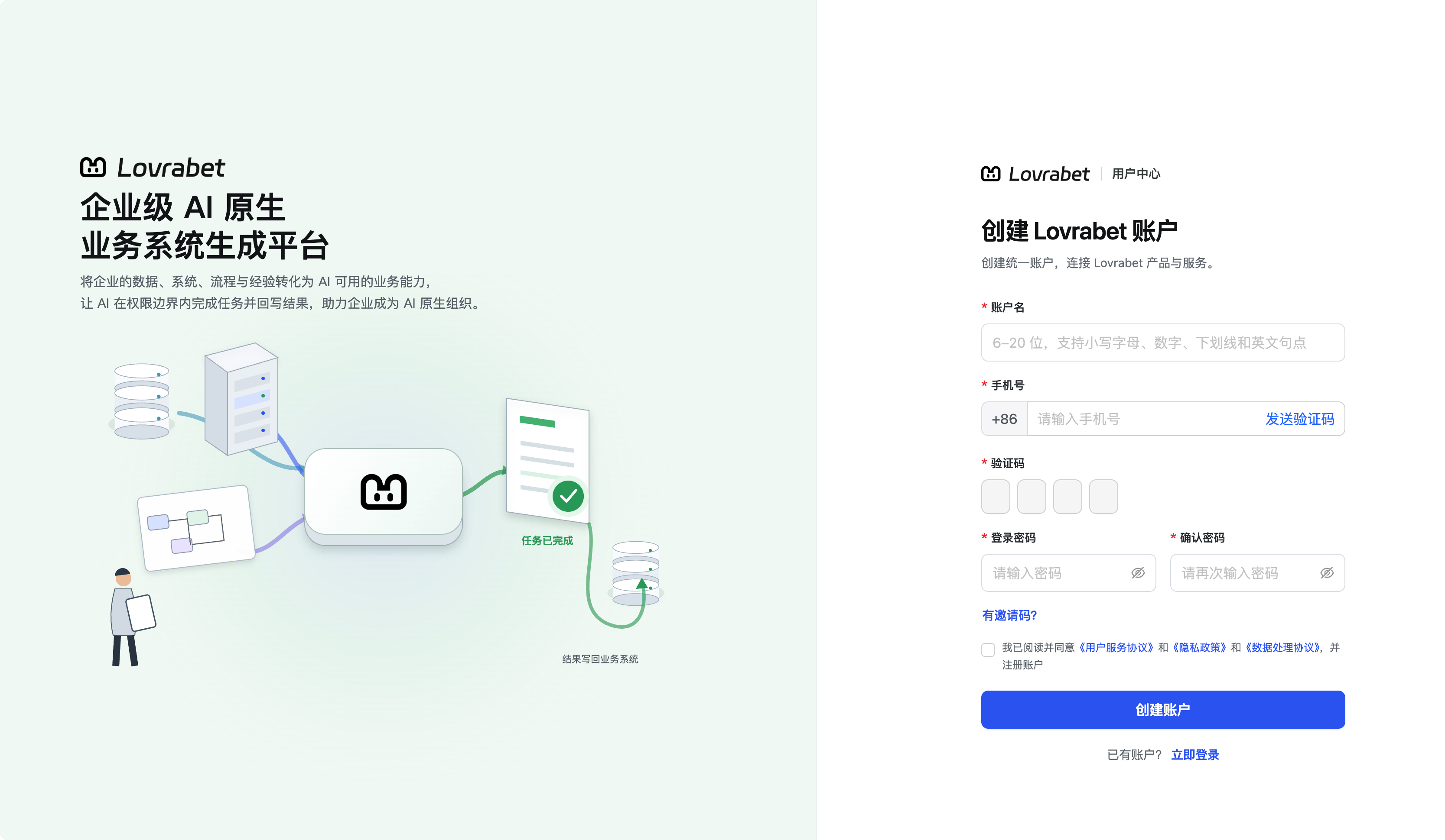 图片左侧展示了Lourabet的企业级AI原生业务系统生成平台，将企业数据、系统、流程经验转化为AI可调用业务能力，助力企业成为AI原生组织…