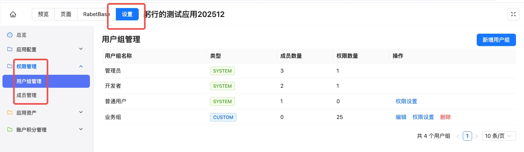 图片展示的是Lovrabet版本中自定义角色和权限功能的界面。左侧导航栏有“权限管理”“用户组管理”“成员管理”等选项，其中“用户组管理”被红框突出显示…