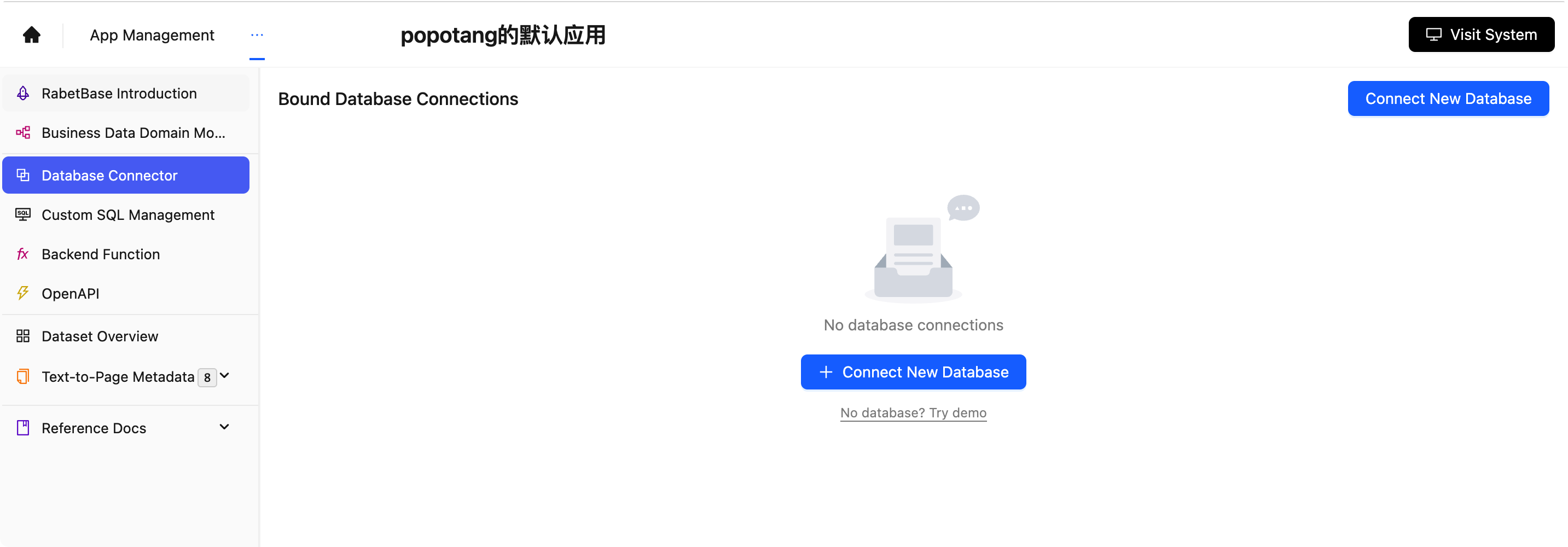 图片展示的是在「你的CRM示例应用」的App Management中，Database Connector页面…