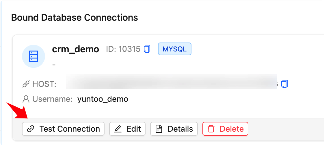 图片展示了数据库连接设置界面中“Bound Database Connections”部分内容，显示了名为“crm_demo”的数据库连接，ID为10315…