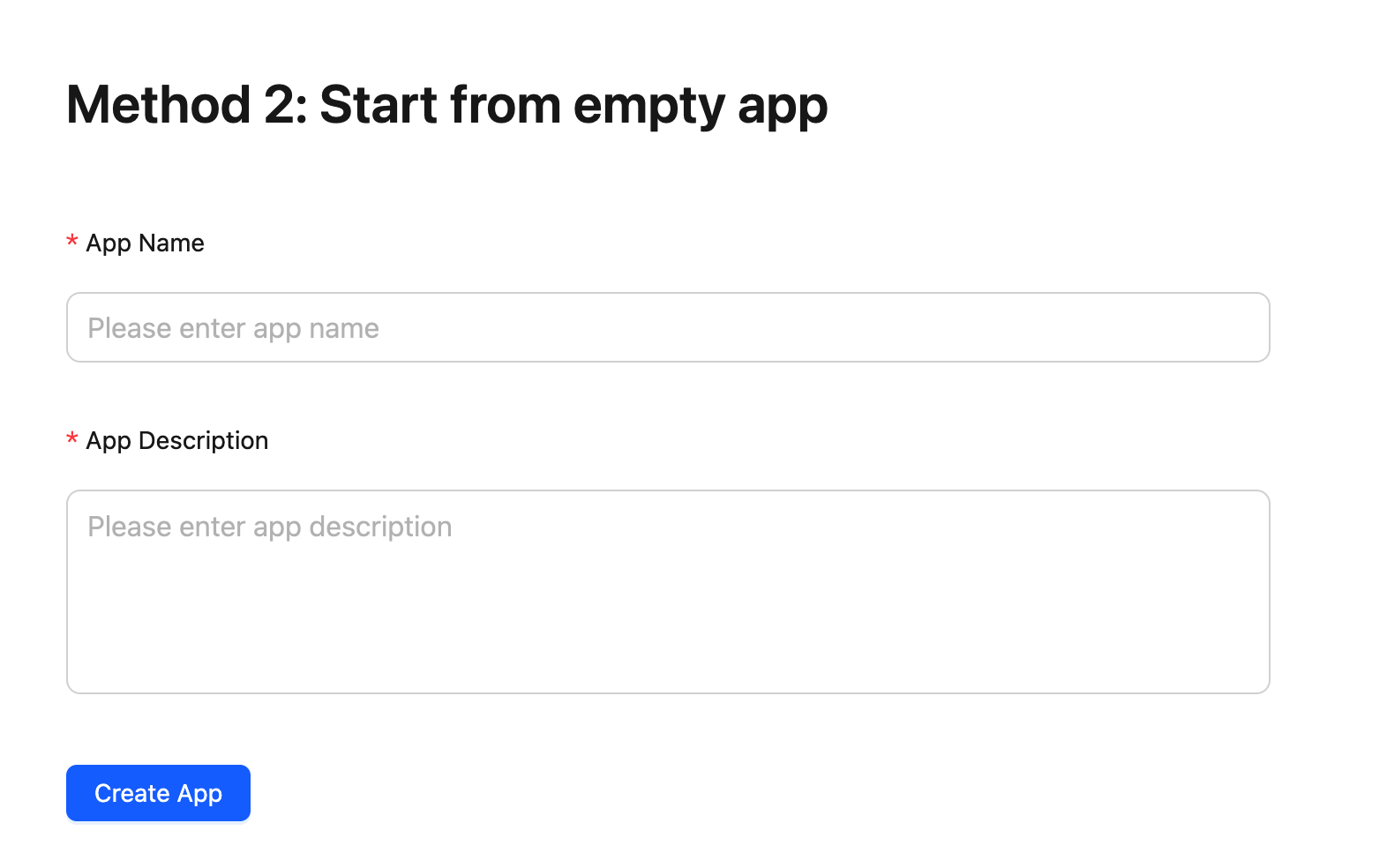 图片展示的是从空白应用开始创建应用的界面。上方标题为“Method 2: Start from empty app”…